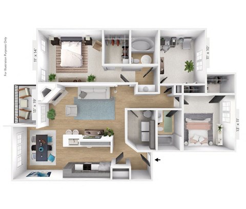 Floor plan for 3 beds, 2 baths, 1364 sqft